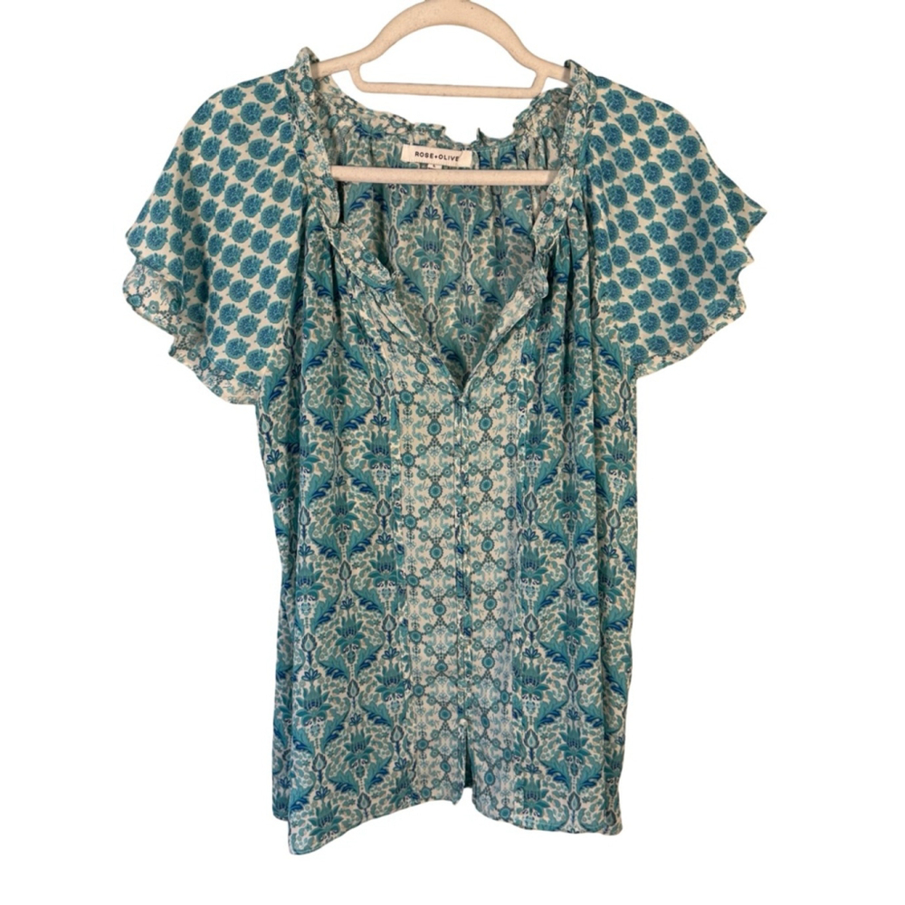 Rose & Olive Blue Floral Blouse Size L Boho Cottagecore Flowy Summer Spring - Picture 2 of 12